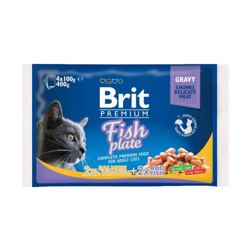 Brit Premium Fish Plate szaftos lazac&pisztráng és tőkehal felnőtt macskáknak 4x100 g