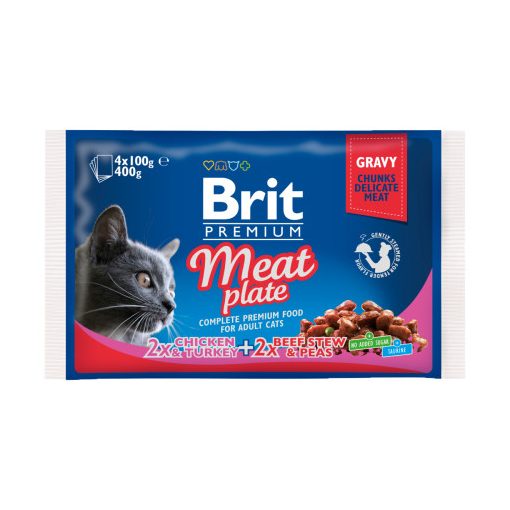 Brit Premium Meat Plate szaftos csirke&pulyka és marha&borsó felnőtt macskáknak 4x100 g