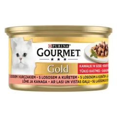   Gourmet Gold Falatok szószban lazaccal és csirkével nedves macskaeledel 85 g