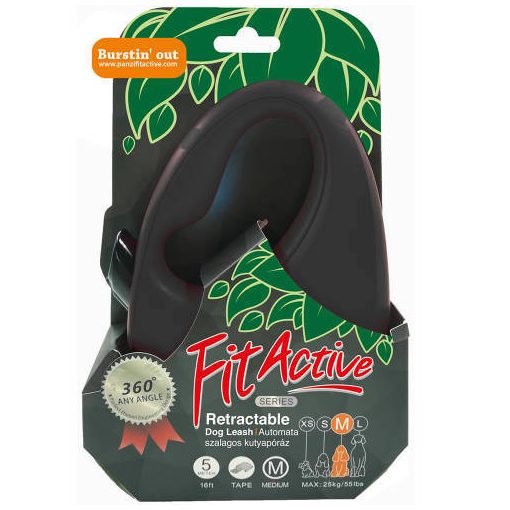 FitActive szalagos automata póráz | fekete, 5 méter, 15 kg-ig, S méret