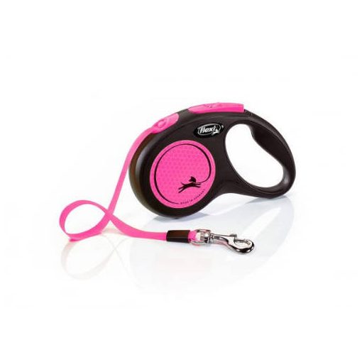 Flexi Neon szalagos automata póráz | fekete/pink, 5 méter, 15 kg-ig, S méret