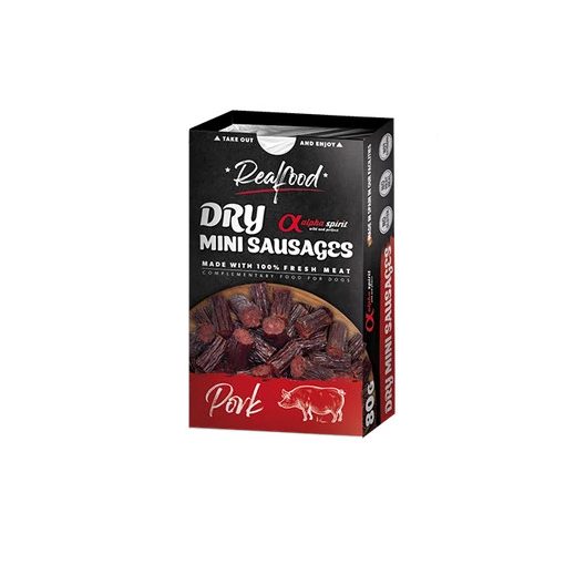Alpha Spirit Real Food Dry Mini Sausages Pork apró sertéses szárazkolbász-falatkák kutyáknak 80 g