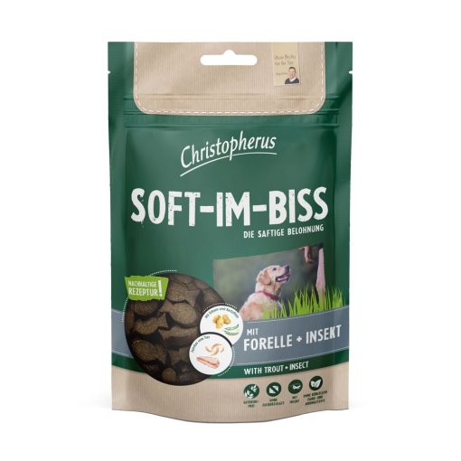 Christopherus Grain Free Soft-Im-Biss puha jutalomfalatok | pisztrángos és rovaros 125 g