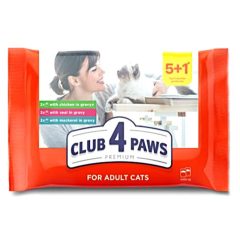   Club4Paws makréla, csirke és borjú szószban felnőtt macskáknak 6x80 g