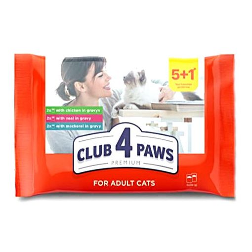 Club4Paws makréla, csirke és borjú szószban felnőtt macskáknak 6x80 g