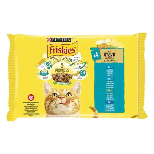 Friskies lazac, tonhal, szardínia, tőkehal szószban felnőtt macskáknak 4x85 g