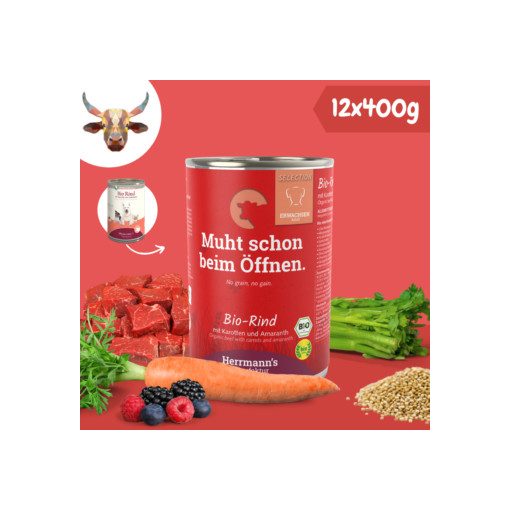 Herrmann's bio marhahús párolt menü kutyáknak - bio sárgarépa, bio amaránt 12x400 g