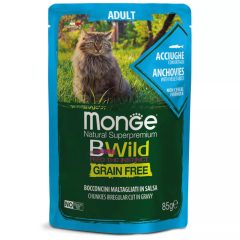   Monge Bwild Adult Cat gabonamentes szardella, zöldség szószban alutasakos nedves eledel felnőtt macskáknak 85 g