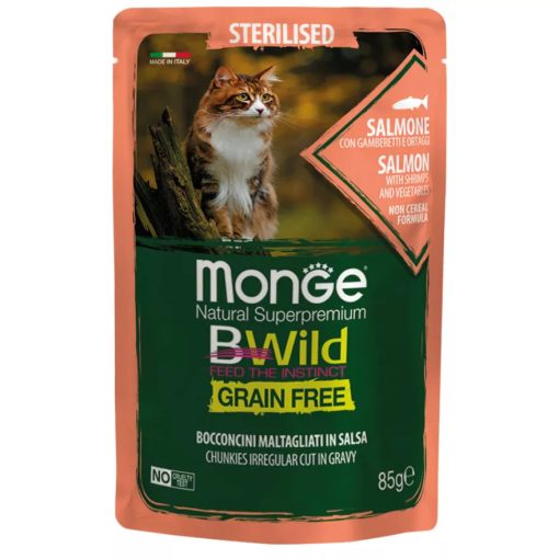Monge Bwild Adult Cat gabonamentes szardella, zöldség szószban alutasakos nedves eledel felnőtt macskáknak 85 g