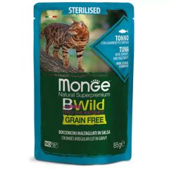   Monge Bwild Steril Cat gabonamentes tonhal, rák, zöldség szószban alutasakos nedves eledel ivartalanított felnőtt macskáknak 85 g