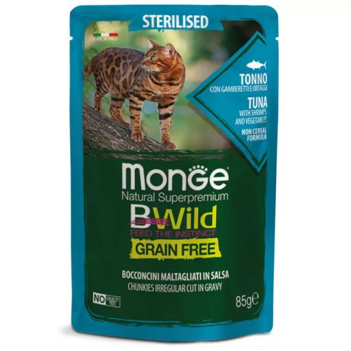Monge Bwild Steril Cat gabonamentes tonhal, rák, zöldség szószban alutasakos nedves eledel ivartalanított felnőtt macskáknak 85 g