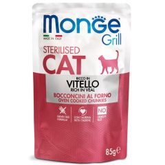   Monge Grill Sterilized Cat gabonamentes borjú zselében alutasakos nedves eledel ivartalan felnőtt macskáknak 85 g