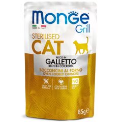 Monge Grill Sterilized Adult Cat gabonamentes kakas zselében alutasakos nedves eledel ivartalan felnőtt macskáknak 85 g
