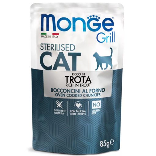 Monge Grill Sterilized Cat gabonamentes pisztráng zselében alutasakos nedves eledel ivartalan felnőtt macskáknak 85 g