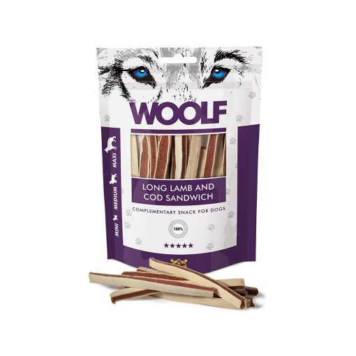 Woolf Soft Lamb and Cod Sandwich Long bárányhúsos és tőkehalas puha csíkok 100 g