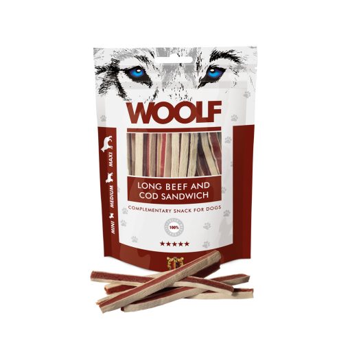 Woolf Long Beef and Cod Sandwich marhahúsos csíkok tőkehallal 100 g